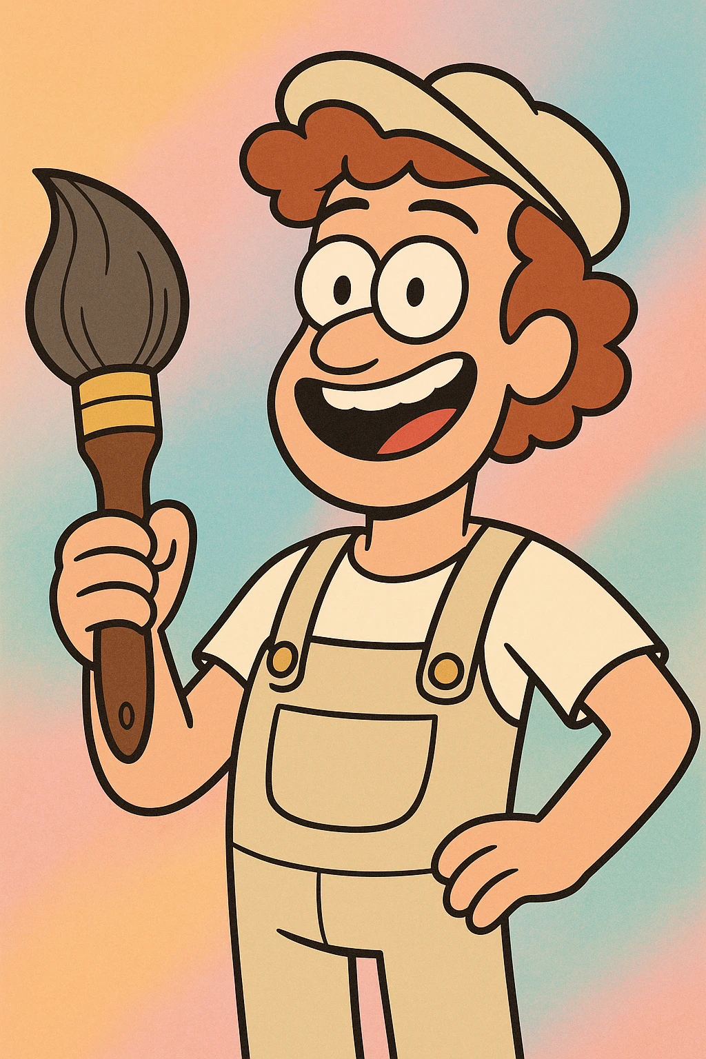 a professional painter, cartoon style, smiling, holding a large paintbrush, colorful background emoji