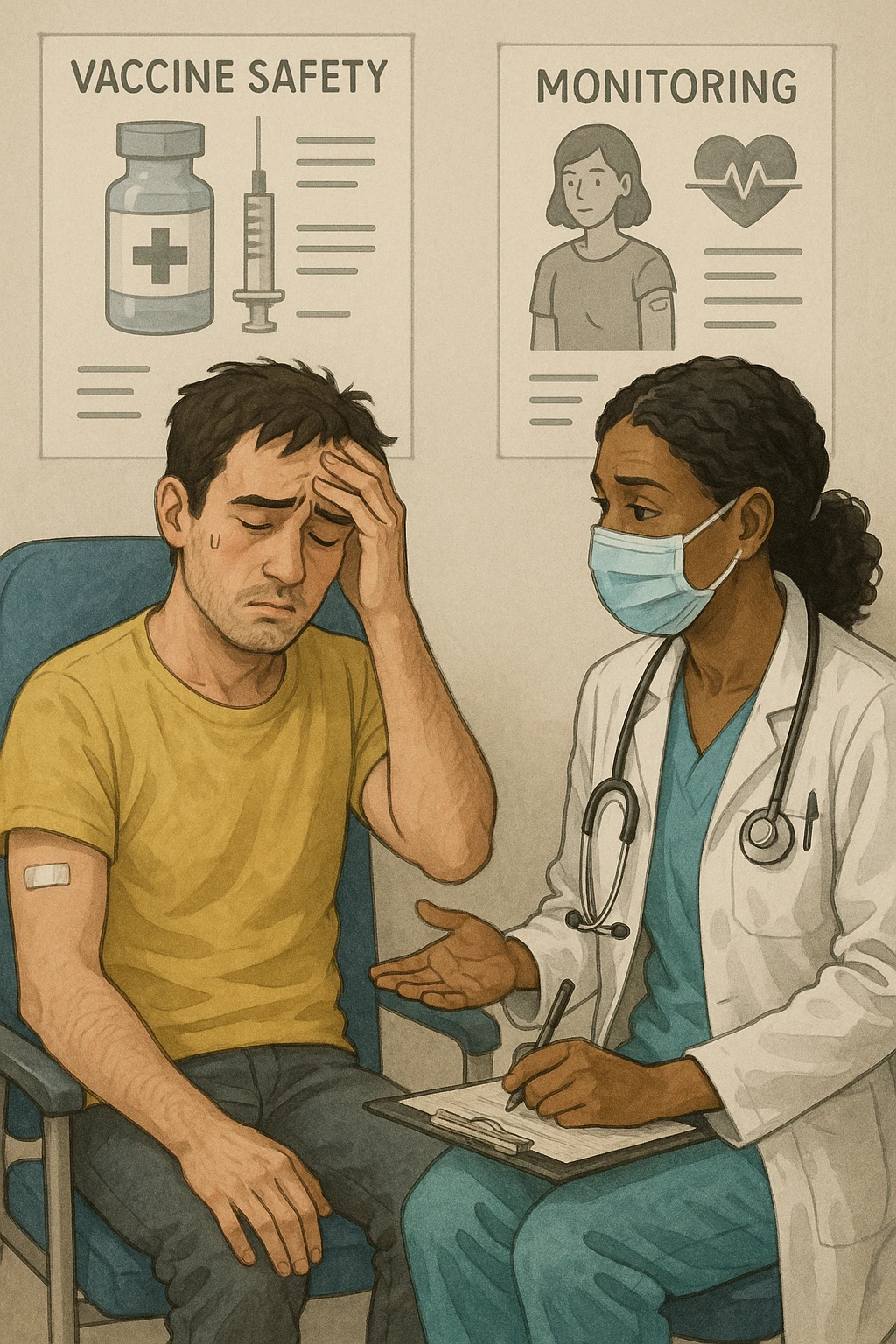 Vertical, educational medical illustration: a healthcare professional observes a patient who appears unwell after receiving a vaccine. The patient sits in a clinic chair, showing mild symptoms such as fatigue or headache, while the professional takes notes and offers reassurance. The background includes educational posters about vaccine safety and monitoring. realistica emoji