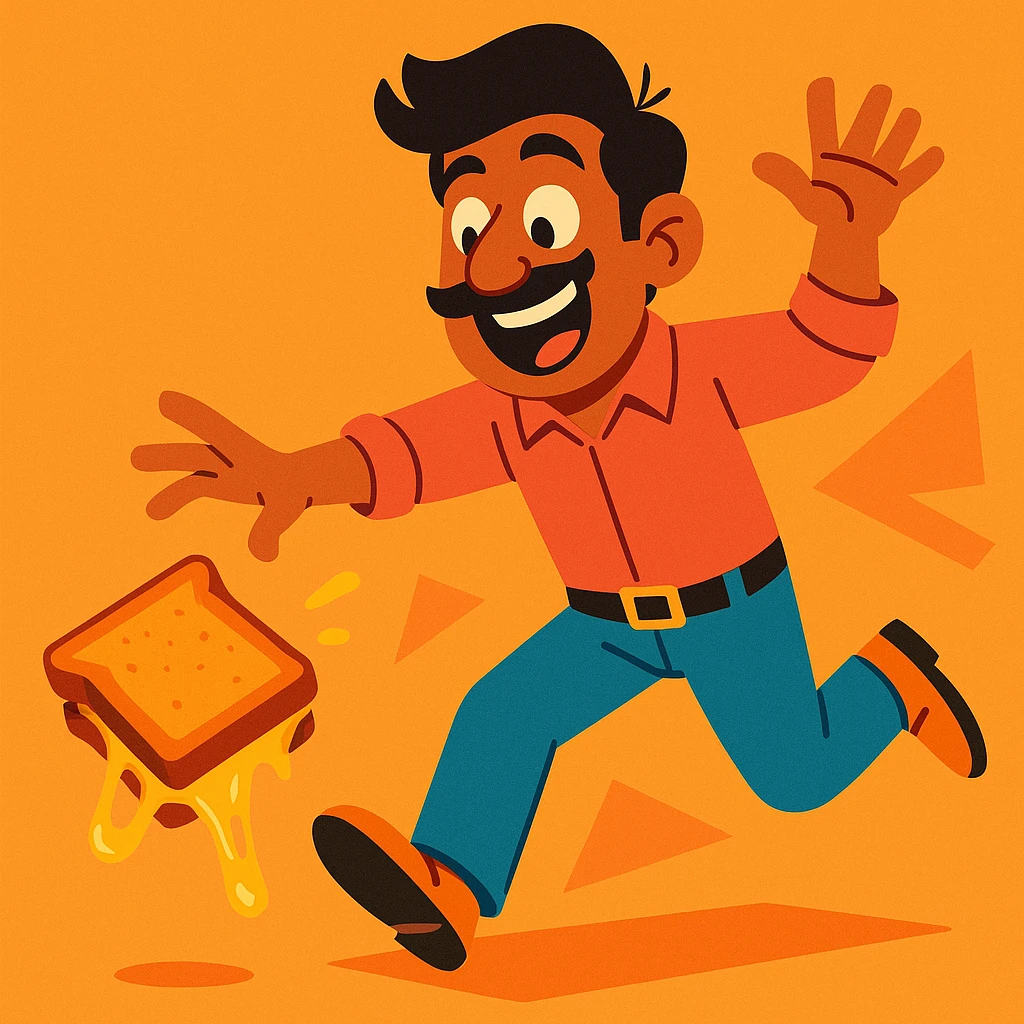 A cheerful Indian man in modern clothes, mid-action, dropping a gooey grilled cheese sandwich, fun and dynamic pose, vibrant toon style emoji