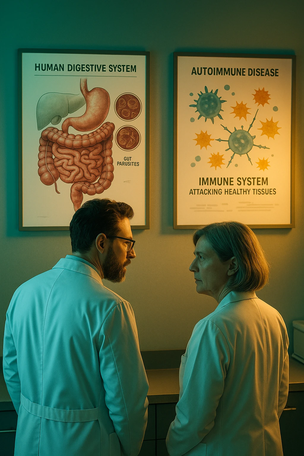 Realistic, detailed photo taken from behind of two doctors—a bearded man and a middle-aged woman—standing side by side in a modern medical office, intently studying a large, illuminated medical chart on the wall. The chart displays a detailed diagram of the human digestive system, highlighting the intestines and showing microscopic images of intestinal parasites. Next to it, another chart illustrates the immune system attacking healthy tissues, visually connecting gut parasites to autoimmune disease mechanisms. The room is bathed in a single green-blue color, with a warm, yellow-orange light casting soft shadows around the doctors. Both wear white coats and have serious, focused expressions, suggesting a deep discussion about the root causes of autoimmune conditions. Shot with a Canon EOS R5, with high detail, natural depth of field, and a clinical yet dramatic atmosphere. emoji