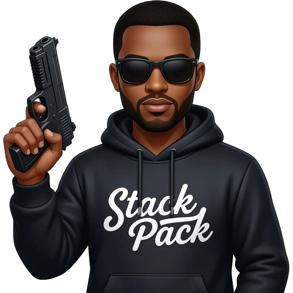 Black guy named Stackpack Louis Vuitton hoodie that says stack pack on it black shades on it with a laser gun make sure the font on the hoodie is cursive emoji