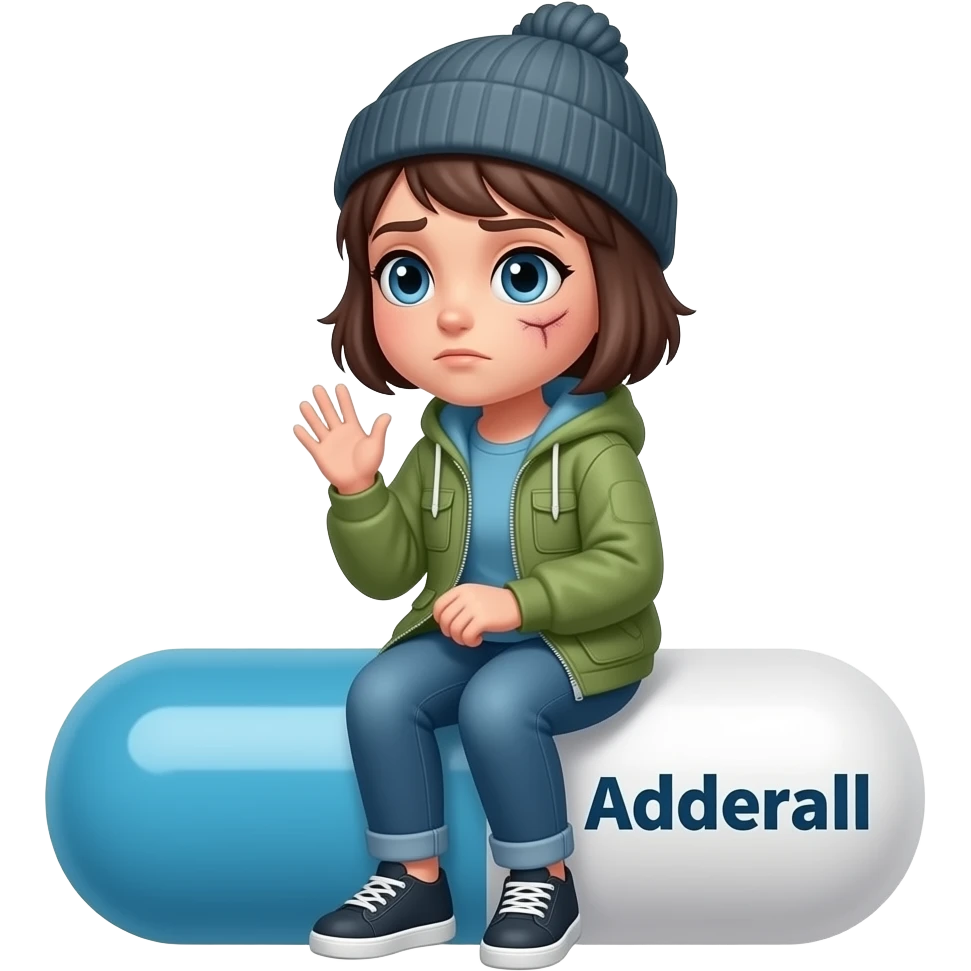 Tomgirl with short hair and beanie is shaking from cold. She is seated on an Adderall pill.  She has one bruise under her eye. emoji