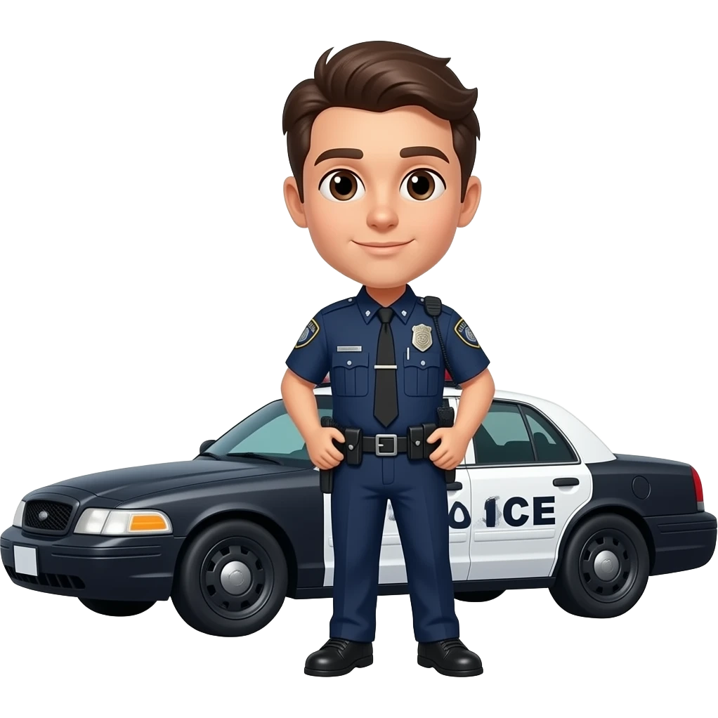 male police office with dark brown hair next to police car emoji