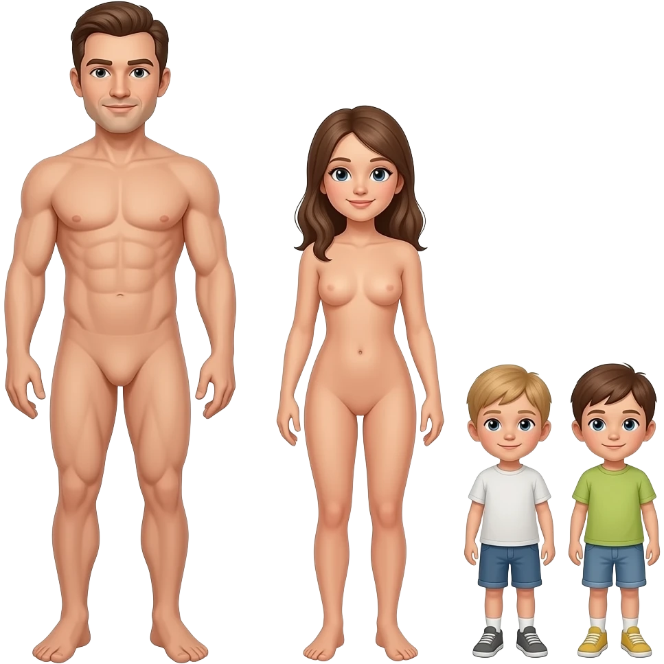 Show me naked man full body legs add a naked girl add little kids make everybody have no close emoji