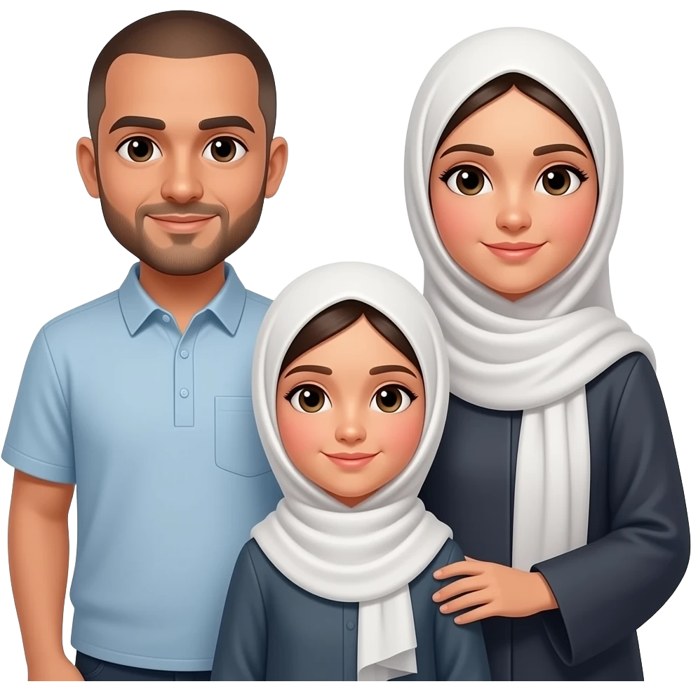 family the dad with short bald hair and  wearing a turbu and a tuhob and me is a girl with a hijab and my mom have a abayah emoji