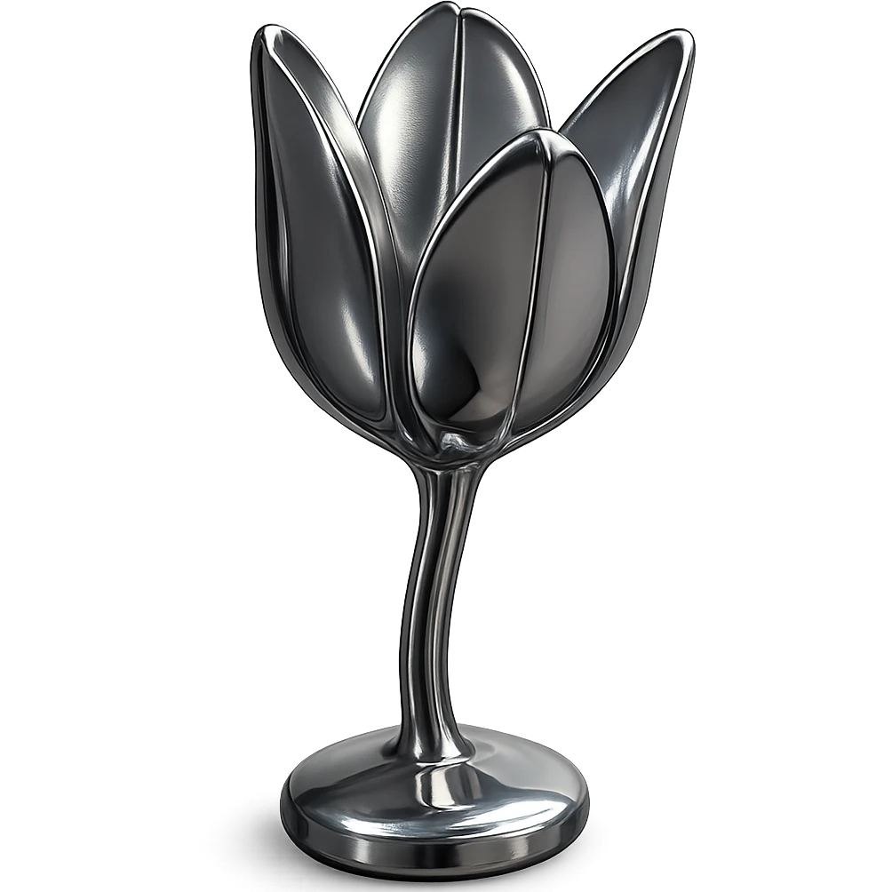 stylized chrome flower with three shiny petals growing upward, futuristic and smooth emoji