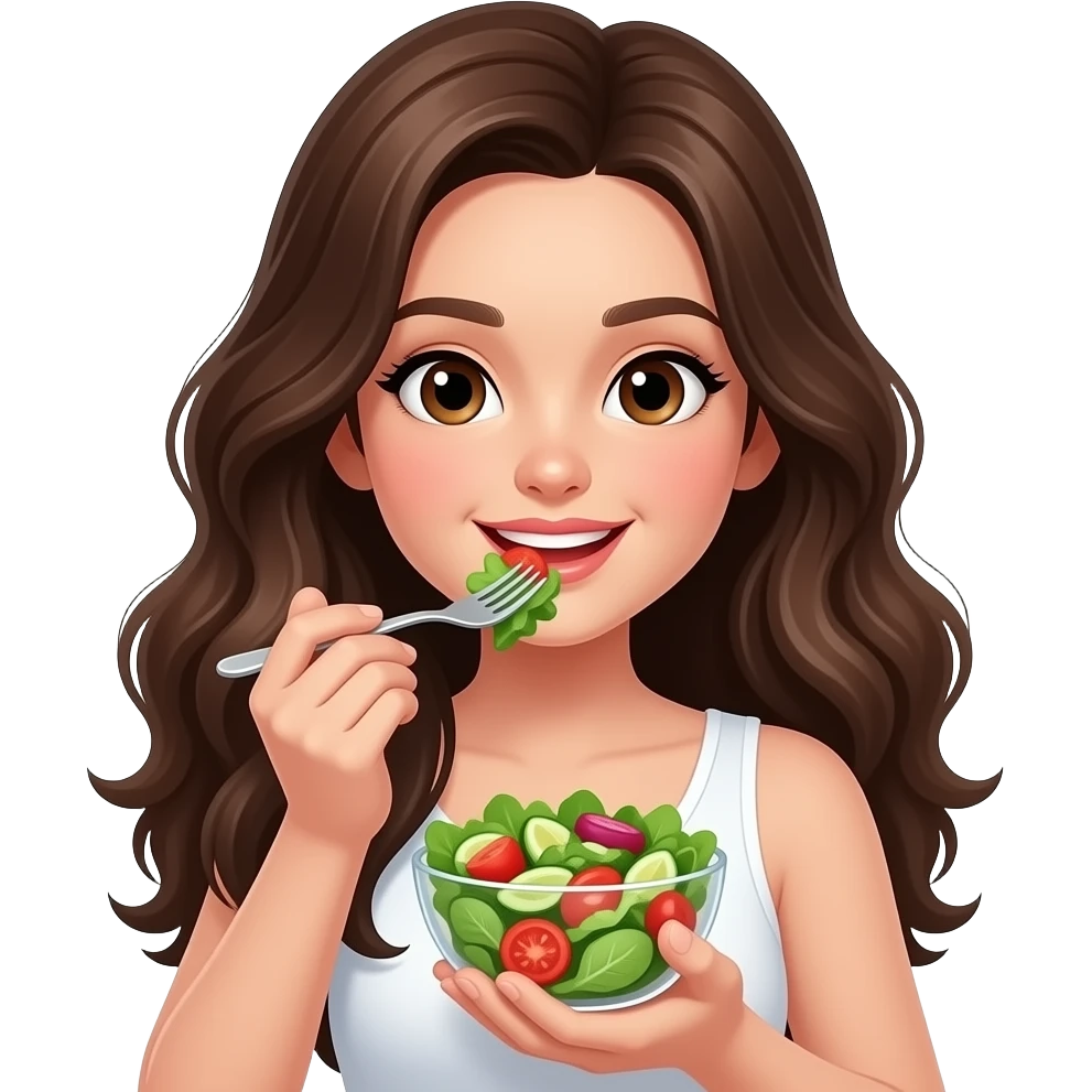 A girl with fair skin, brown eyes, long, incredibly wavy dark brown hair, wearing a white tank top, eating a salad. emoji