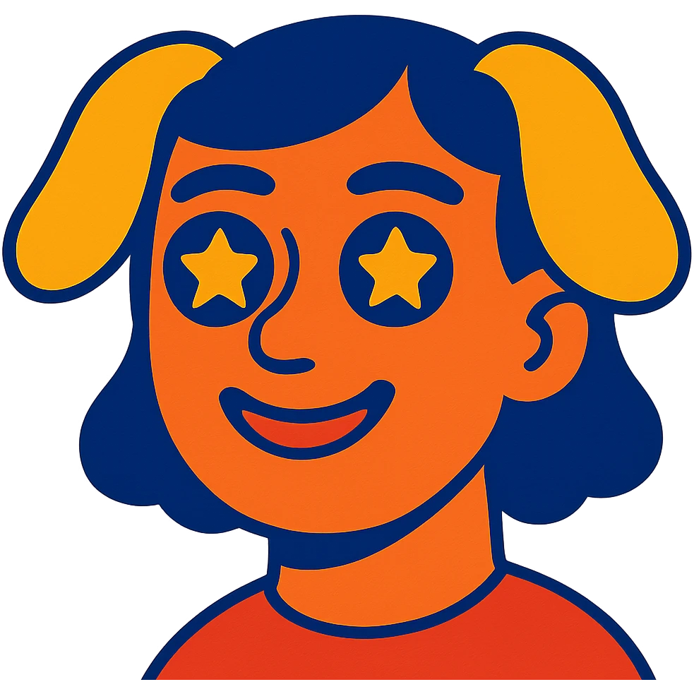 human face with dog ears and starry eyes, colorful cartoon style emoji