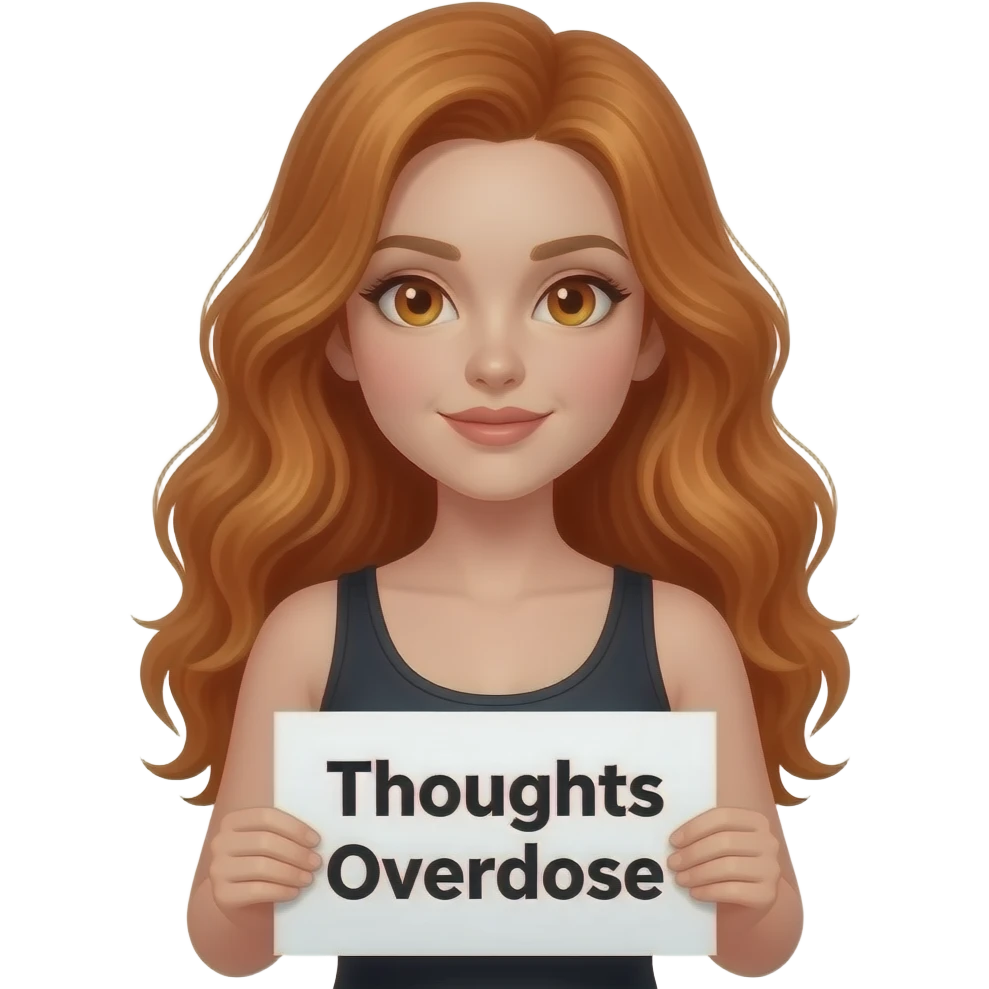 sexy girl with long wavy ginger hair and ginger eyes wearing a black tanktop is holding a white sign with GEDANKEN ÜBERDOSIS written on it emoji