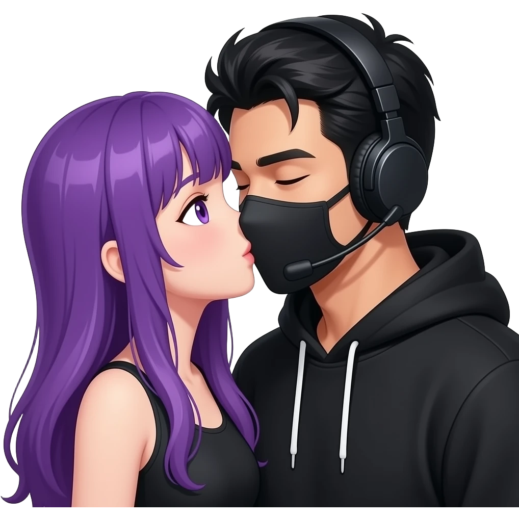girl with long purple hair and purple is get kissed from an blackhaired attractive man in a black hoodie with a black mask and a headset emoji
