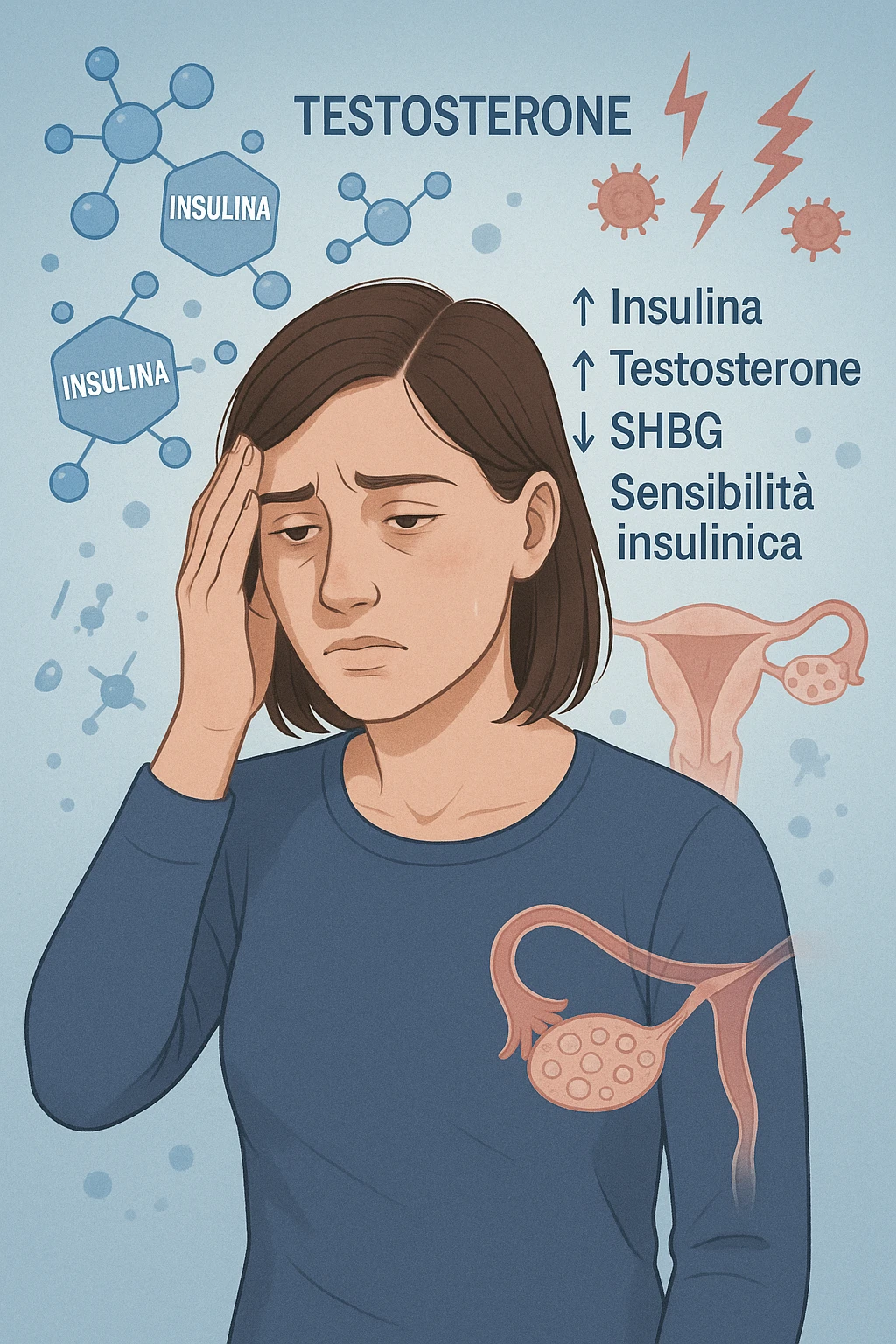 Donna tra i 25 e i 35 anni in primo piano, con espressione affaticata. Intorno al suo corpo appaiono in modo stilizzato e simbolico squilibri ormonali: molecole di insulina in eccesso fluttuano attorno, androgeni (testosterone) evidenziati sopra la testa, segnali visivi di infiammazione cronica lieve. Sopra le ovaie (visibili in trasparenza) compaiono piccole cisti multiple. Accanto a lei, un diagramma stilizzato mostra: '↑ Insulina', '↑ Testosterone', '↓ SHBG', '↓ Sensibilità insulinica'. L’atmosfera è scientifica, educativa ma empatica. Stile realistico con elementi infografici fluttuanti e colori freddi ma puliti. in italiano emoji