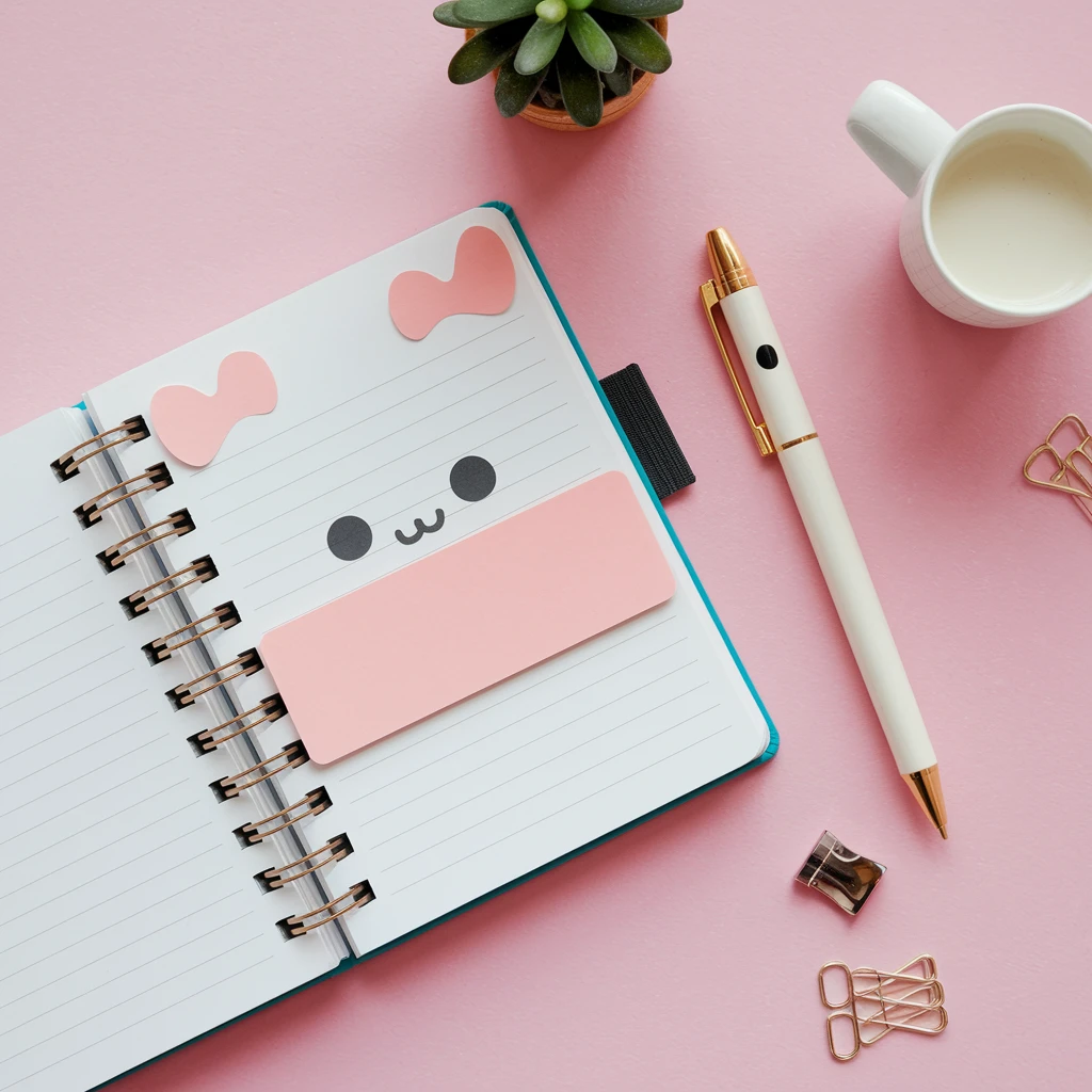cute minimalist style open notebook, simple pen with ears, transparent background emoji