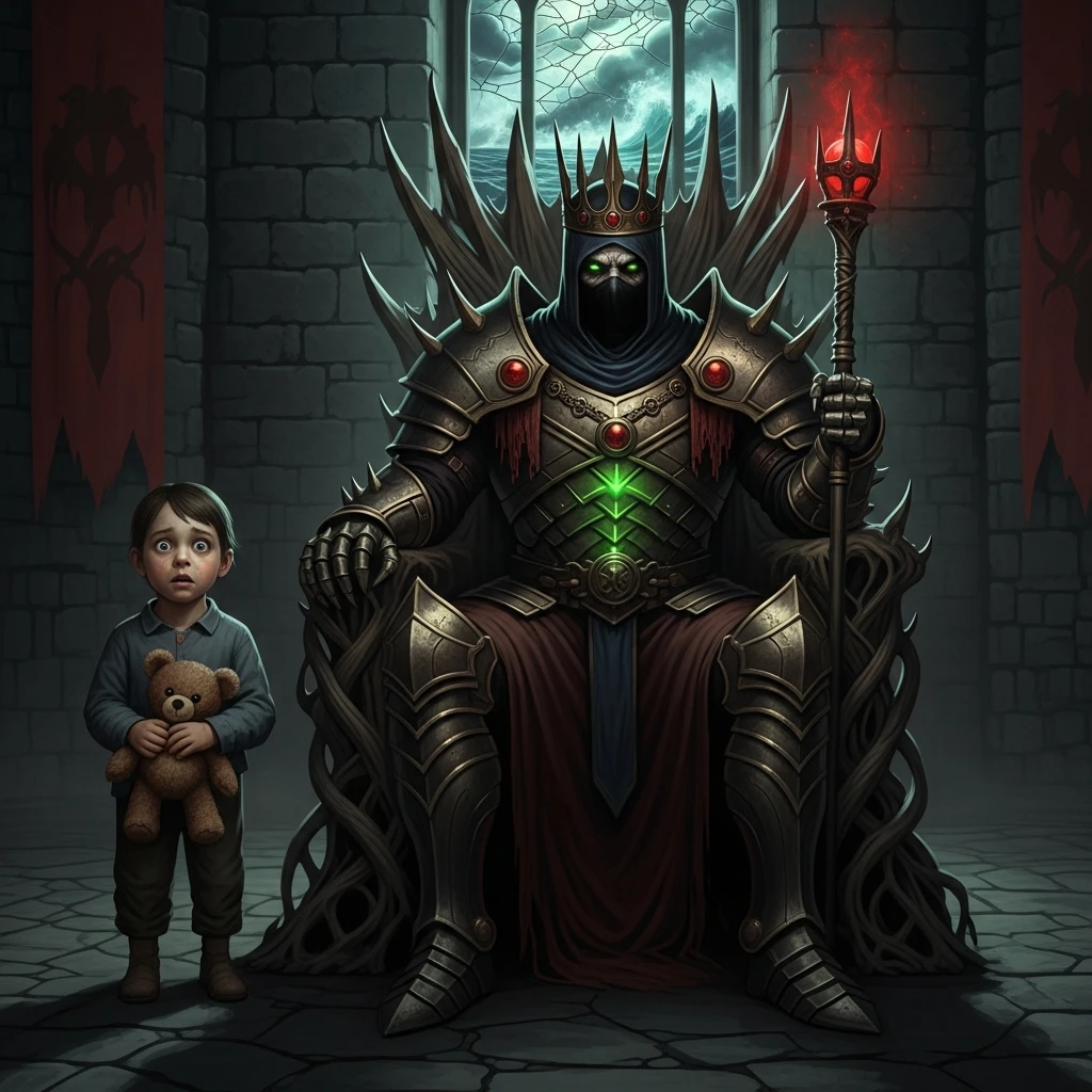 change only the king in first image with the sinister king in second image, and keep the same child on the left in the new image emoji