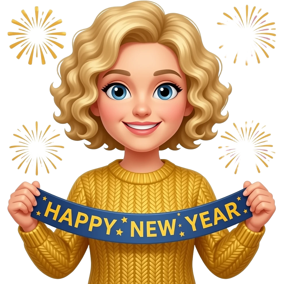 blonde tight curly hair in a short bob with Happy New Year banner with fireworks in a gold sweater emoji