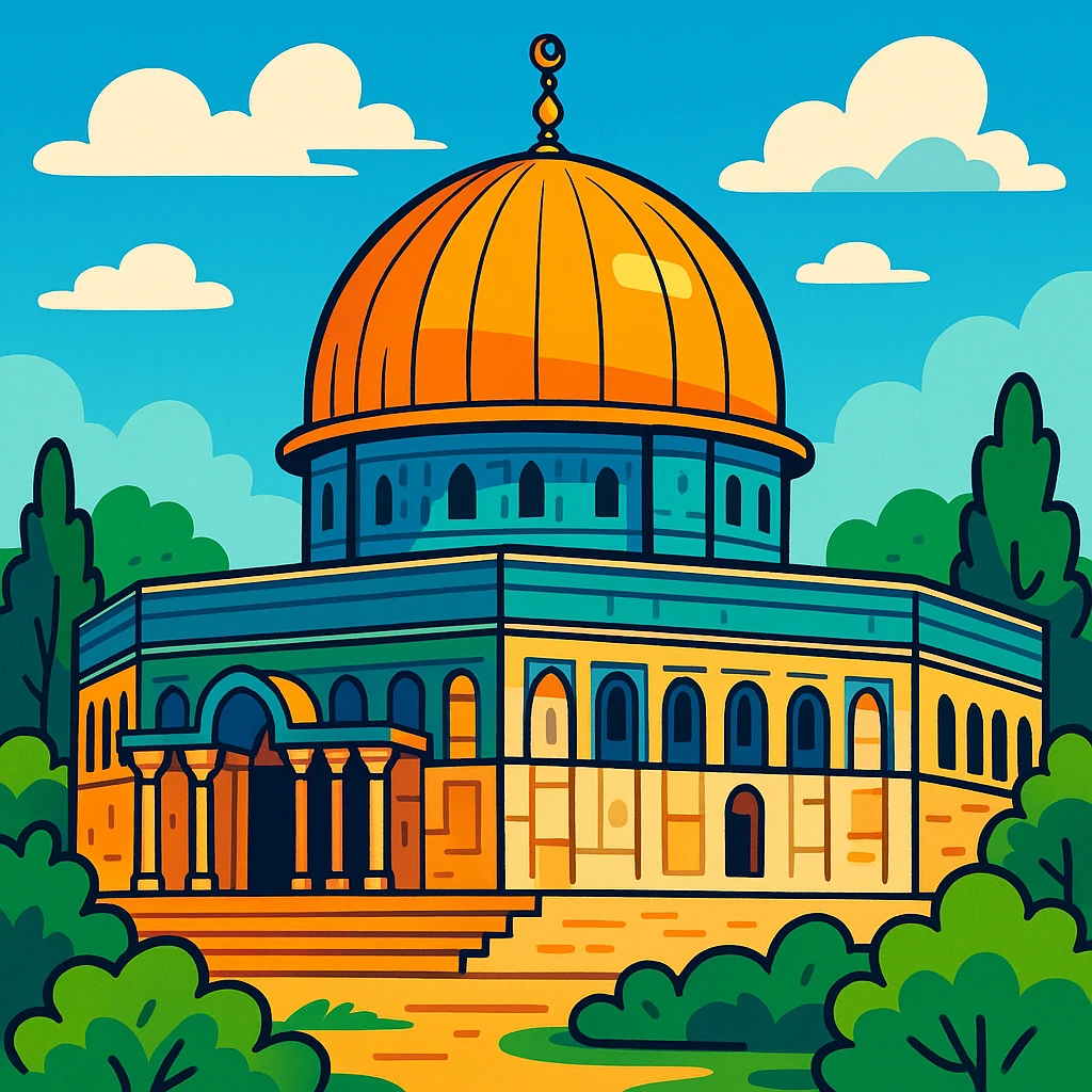 Al-Aqsa Mosque in Palestine, detailed illustration, iconic golden dome, historic architecture, lush greenery, clear sky, vibrant colors emoji