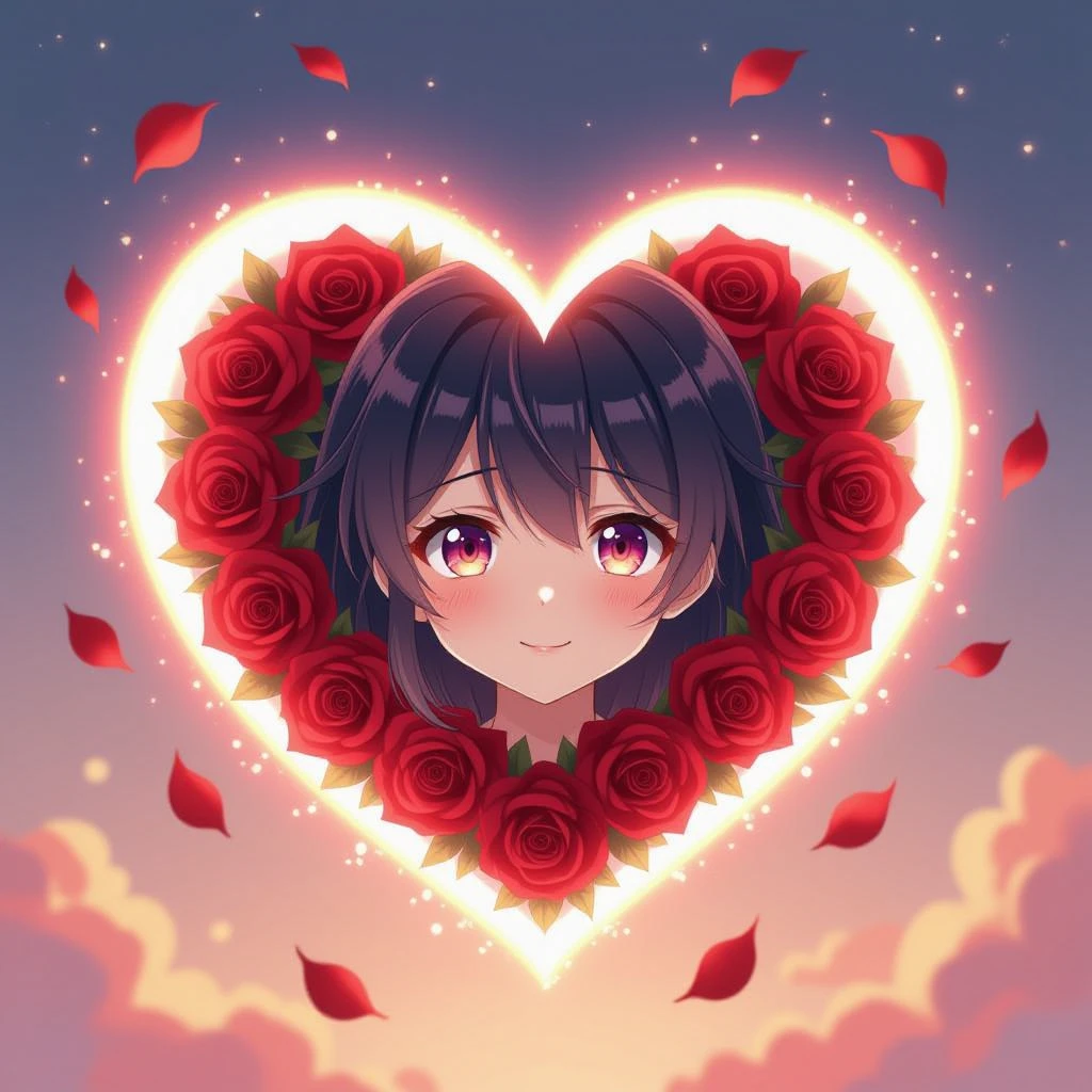 anime heart, dramatic, glowing, surrounded by roses emoji