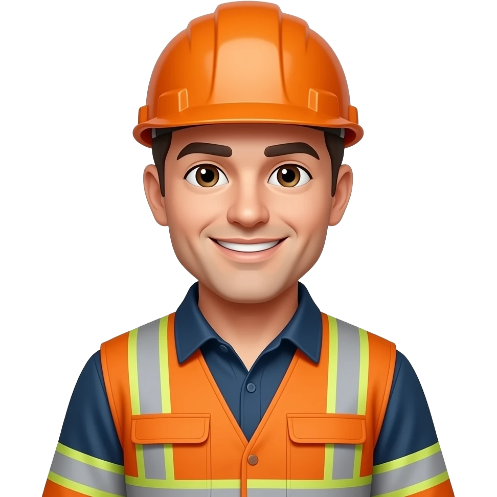 engineer sitting in full hi vis orange overalls, orange helmet, looking happy emoji
