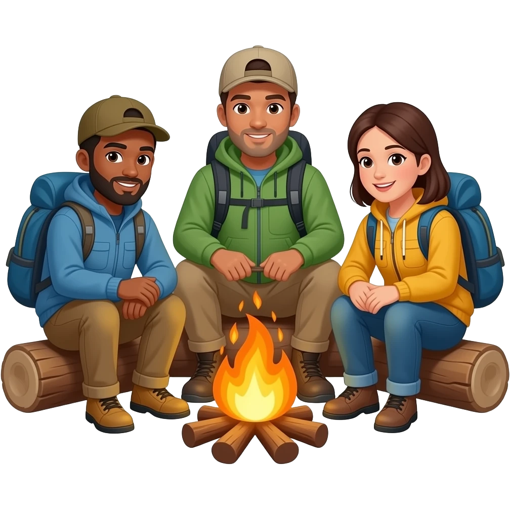 race neutral people around a campfire wearing camping clothing emoji