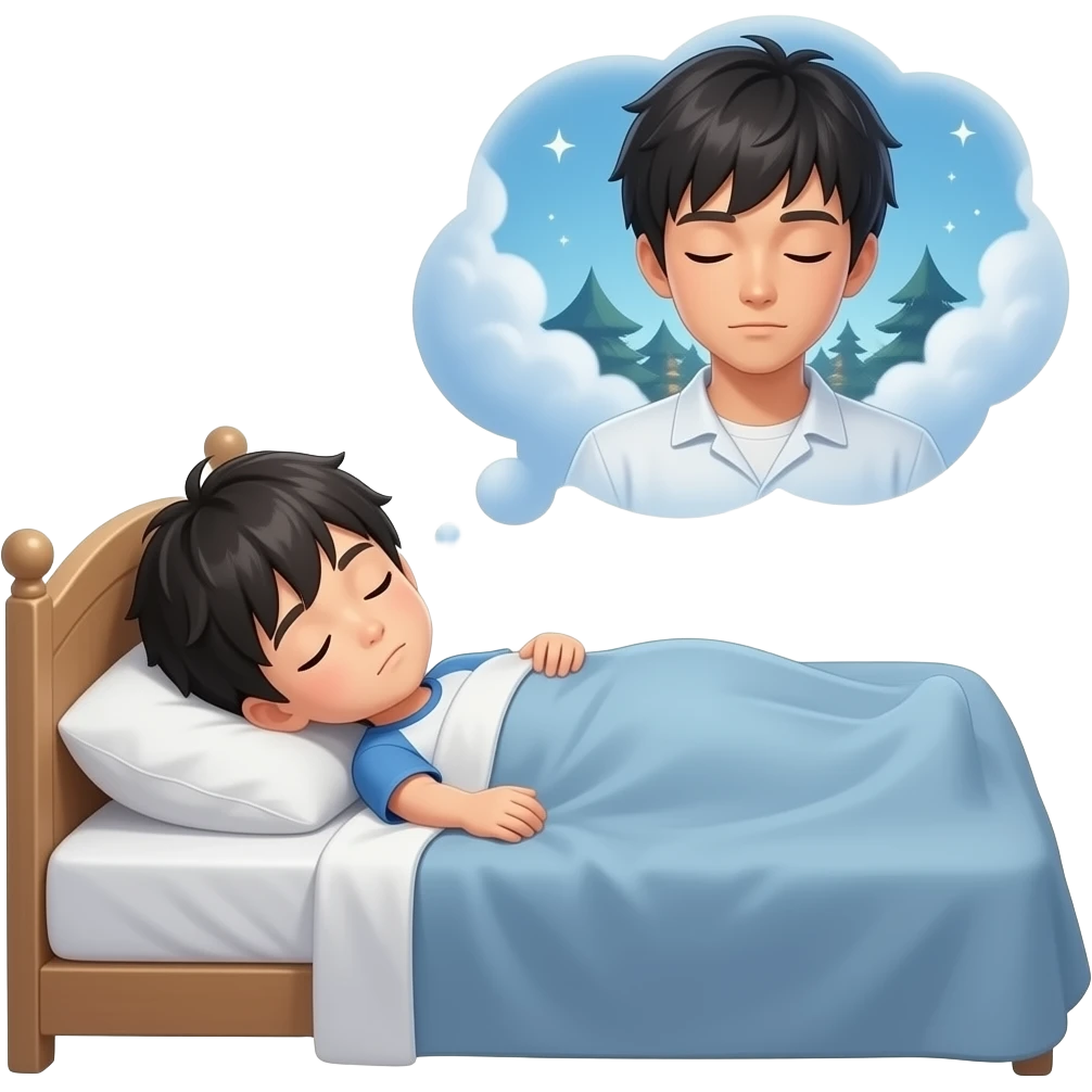 22 year old japanese boy sleeping in bed with a speech bubble of him dreaming about valorant. emoji