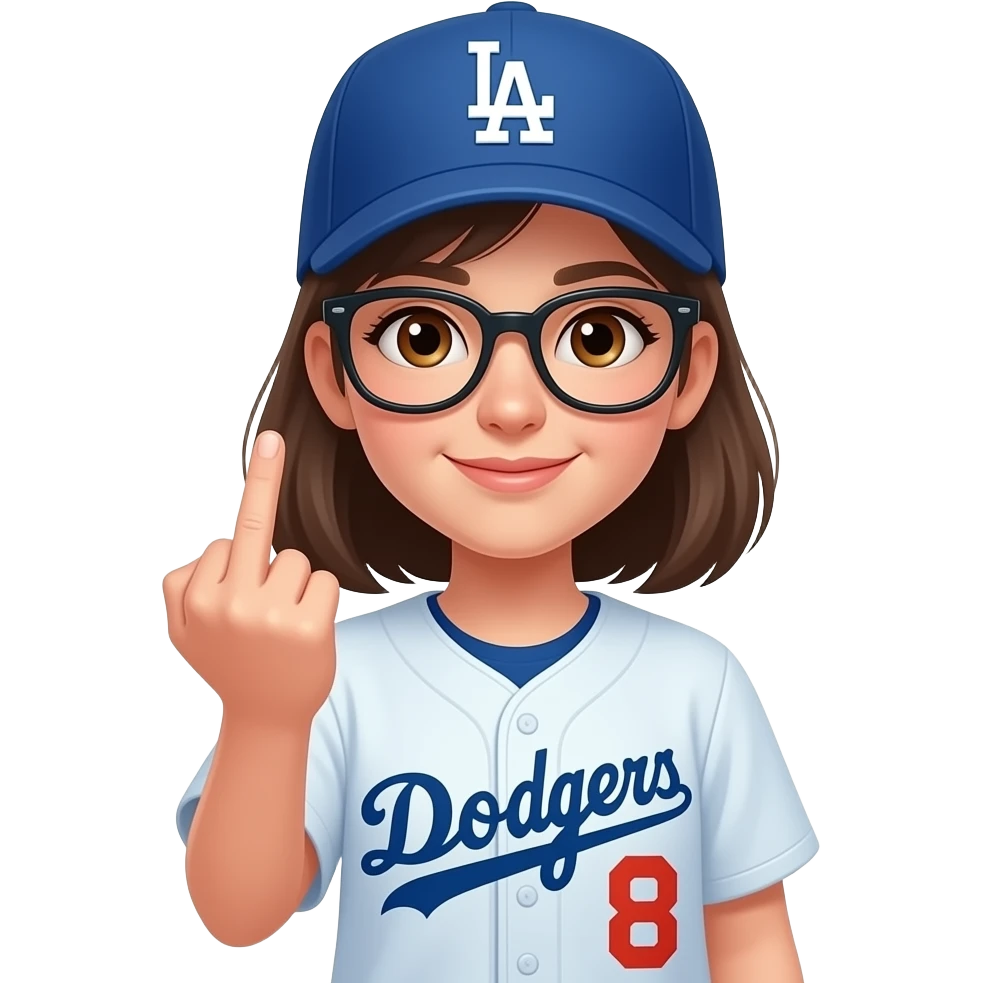 Girl with glasses with brown eyes wearing dodgers sticking middle finger wearing #8 emoji