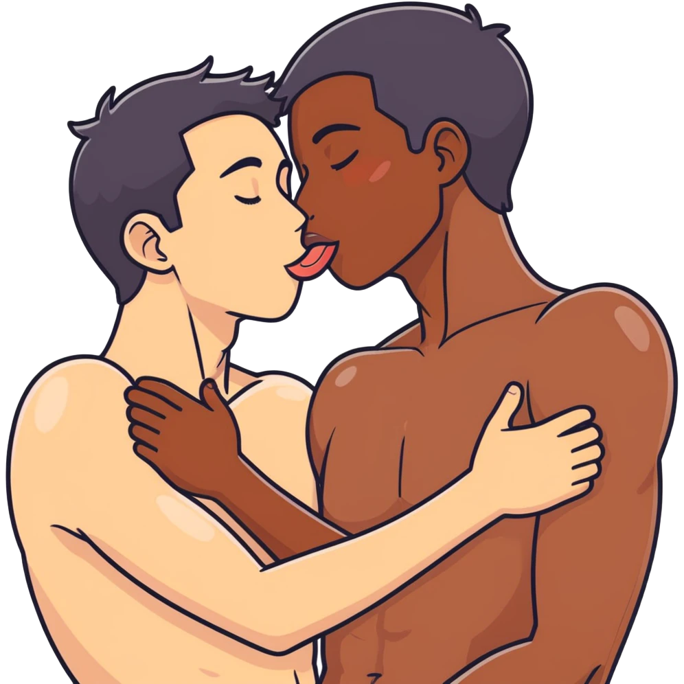 (((White adult male dark hair))) ,(((Dark skin  adult male))), naked, ((( intense sexual touching squeezing genitals))) , intercourse,spooning, kissing eyes closed tongue open mouth ,penis view, erotic rubbing body, sucking  emoji