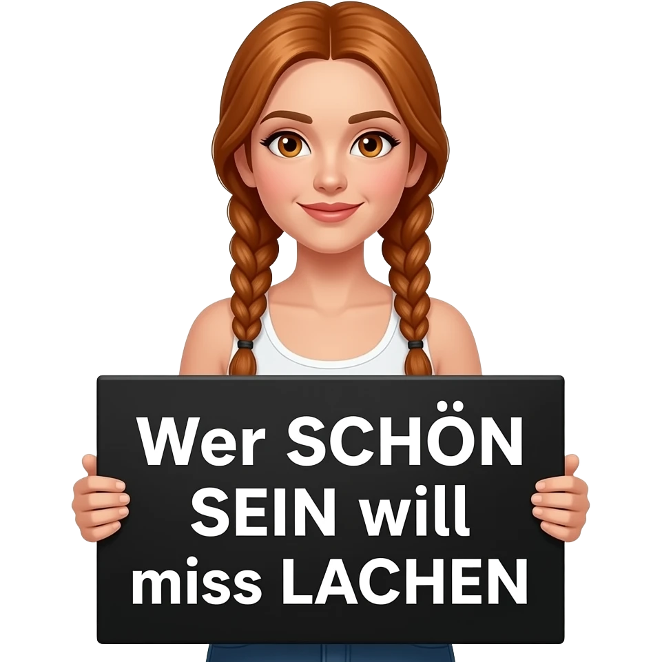 sexy girl with long ginger braids and ginger eyes wearing a white tanktop is holding a big black sign with Wer SCHÖN SEIN will muss LACHEN written on it emoji