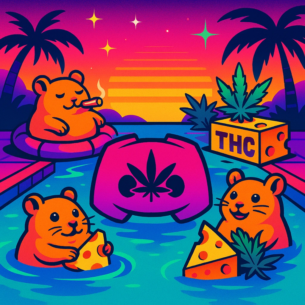 Discord server icon, square format, vibrant pool party at sunset with up to 3 hamsters, weed, cheese, and THC theme, no disco ball, vaporwave style, bold neon colors, high contrast, dreamy gradients, sparkles, nostalgic, fun, inviting, summer party vibe, clear composition, less cutesy emoji