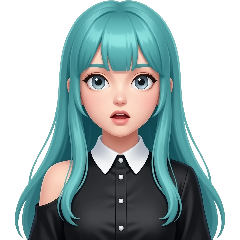 girl, surprised, long flowing teal hair, grey eyes, black shoulder cyberpunk blouse with fancy white collar emoji