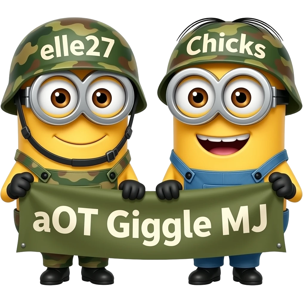 2 girl minions giggleing wearing army fatigues holding a banner text aOT Giggle MJ on 1 helmet elle27 on the other Chicks emoji