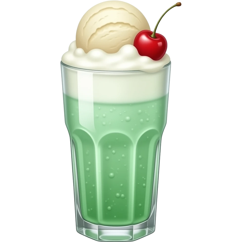Green cream soda with an ice cream without a cone and a cherry on top in a tall cup emoji