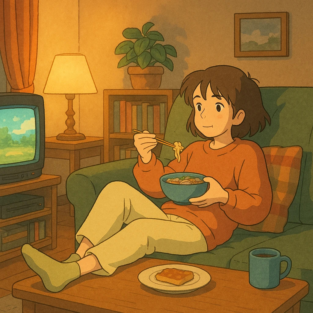 ghibli style cozy scene of a girl relaxing, watching TV and eating, warm lighting emoji