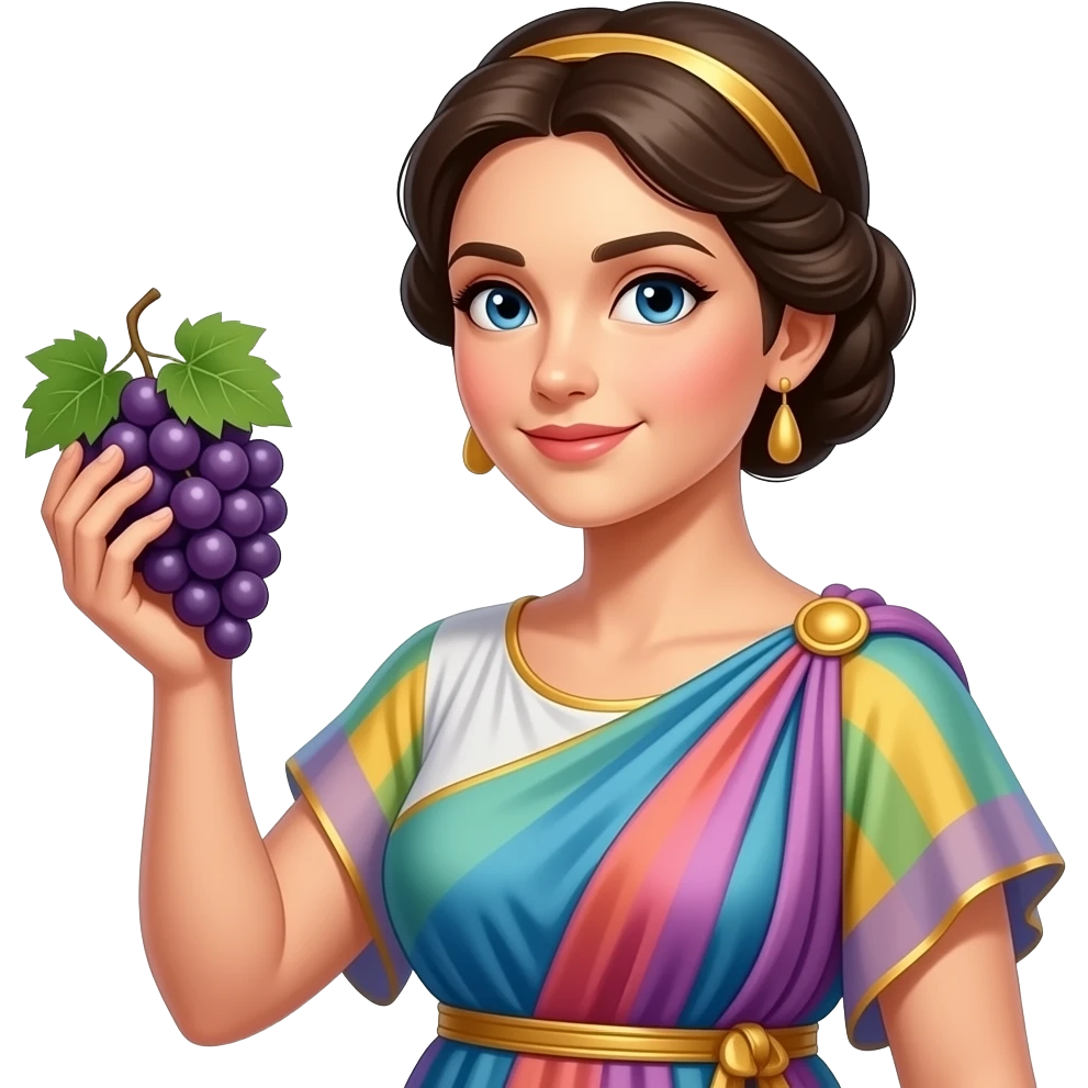 ancient Greek woman holding a bunch of grape in her hand, closeup , different colour outfit emoji