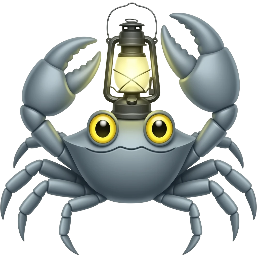 A Gray crab with a lantern on its back facing forward with growing yellow eyes emoji