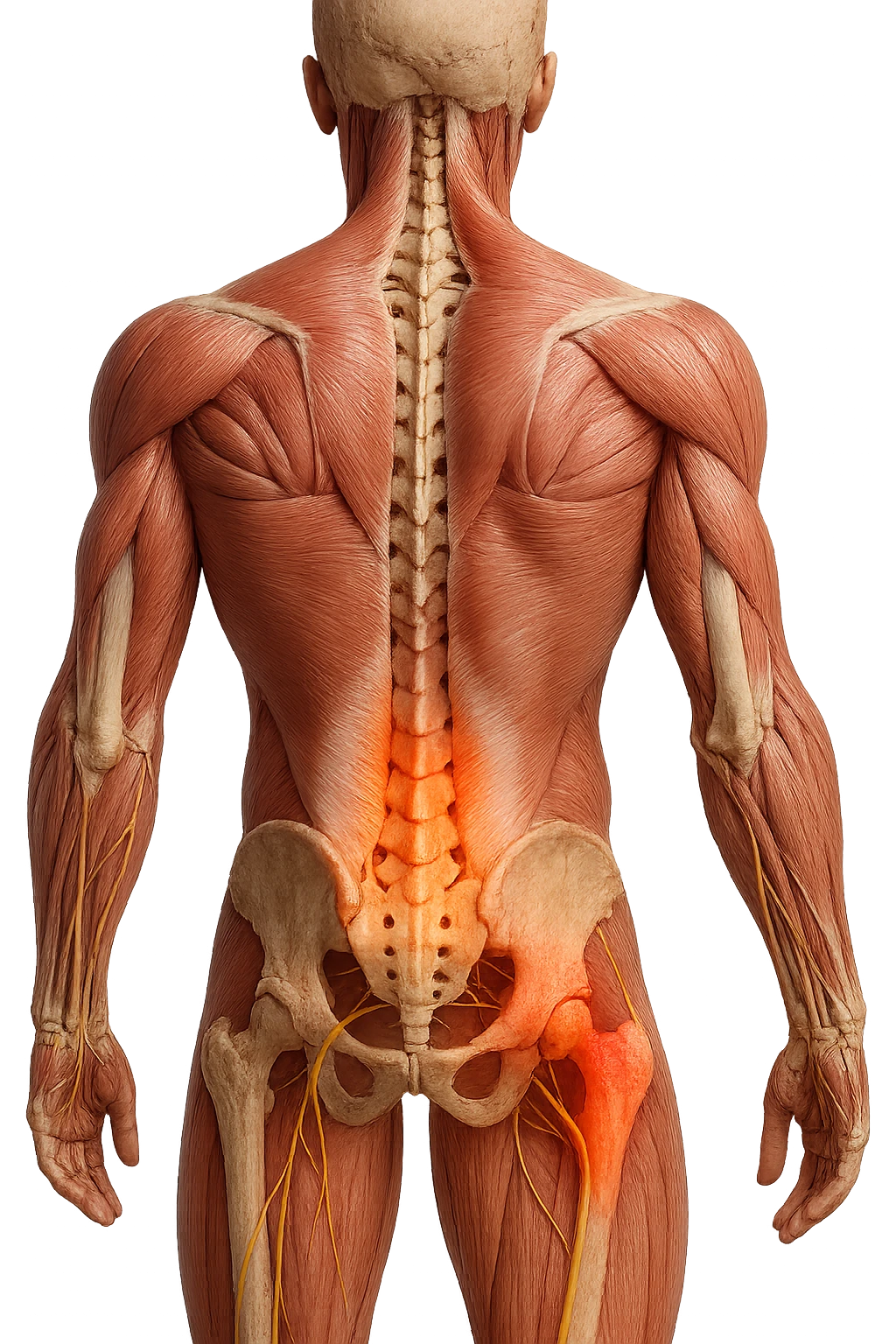 CORPO UMANO ANATOMICO REALISTICO DI SPALLE CON DOLORE ALLA LOMBARE INFIAMMATA, DOLORE ALL'ANCA, IPERREALISTICO 4K emoji