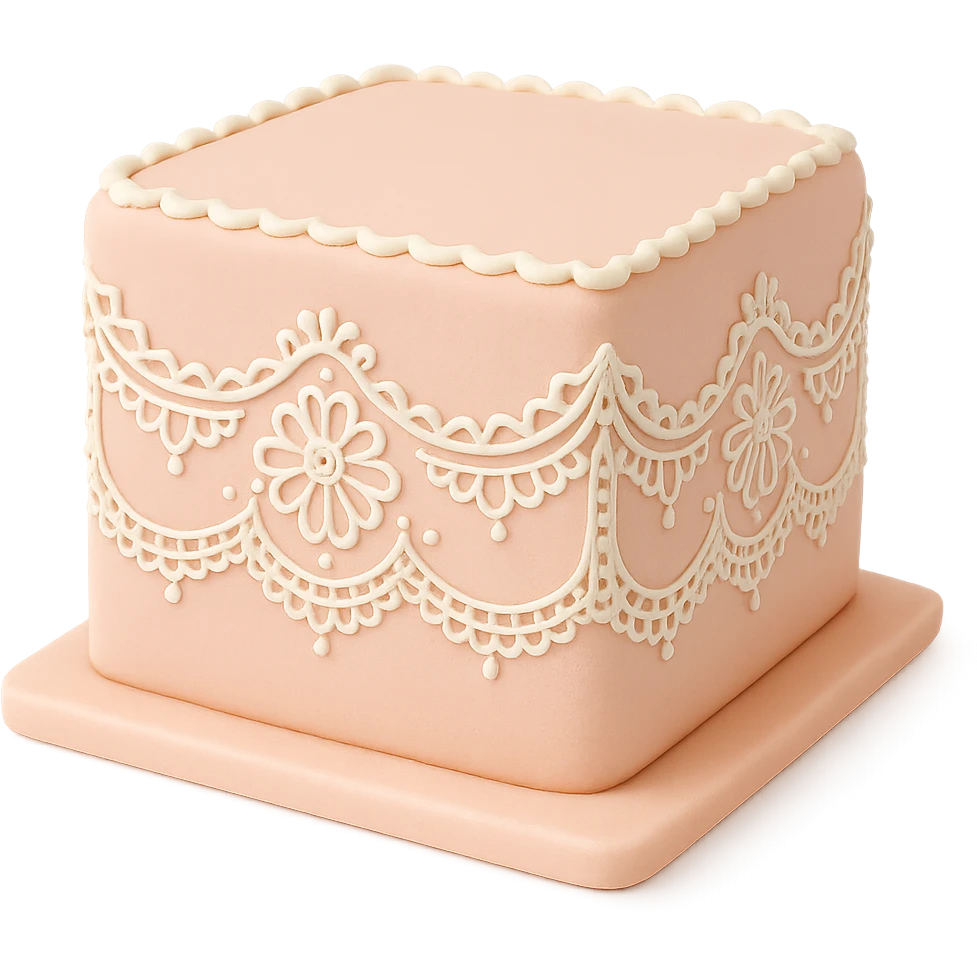 square fondant cake with lace piping emoji