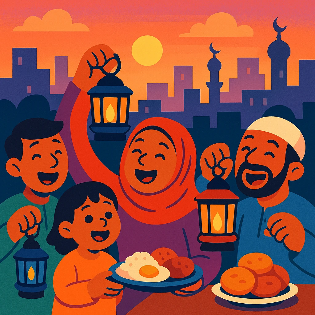 group of happy people with lanterns and food, waking up for sahur, city skyline at dawn, warm inviting cartoon style emoji