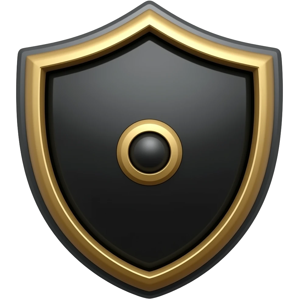 flat icon of a shield badge with a small central symbol, simple geometric shape, black dominant with small gold accent, thick outline, no details, no gradients, no background, centered, fills canvas, emoji style emoji