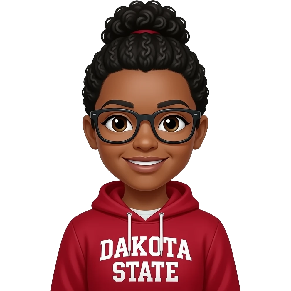 6th grade science teacher wearing a south dakota state red sweatshirt with black curly hair in a bun with black glasses emoji