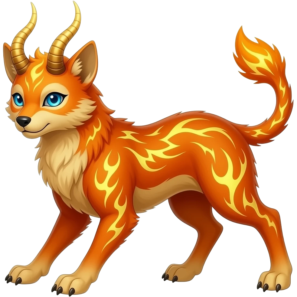 Horned Digitigrade furry fuzzy elemental realistic pretty fluffy furry fuzzy cute smooth soft shiny patterned quadrupedal Randomly patterned Shinx-Pyroar-Houndour-Arcanine-Electrike-animal-hybrid, full body, with an imp-spade-tail emoji