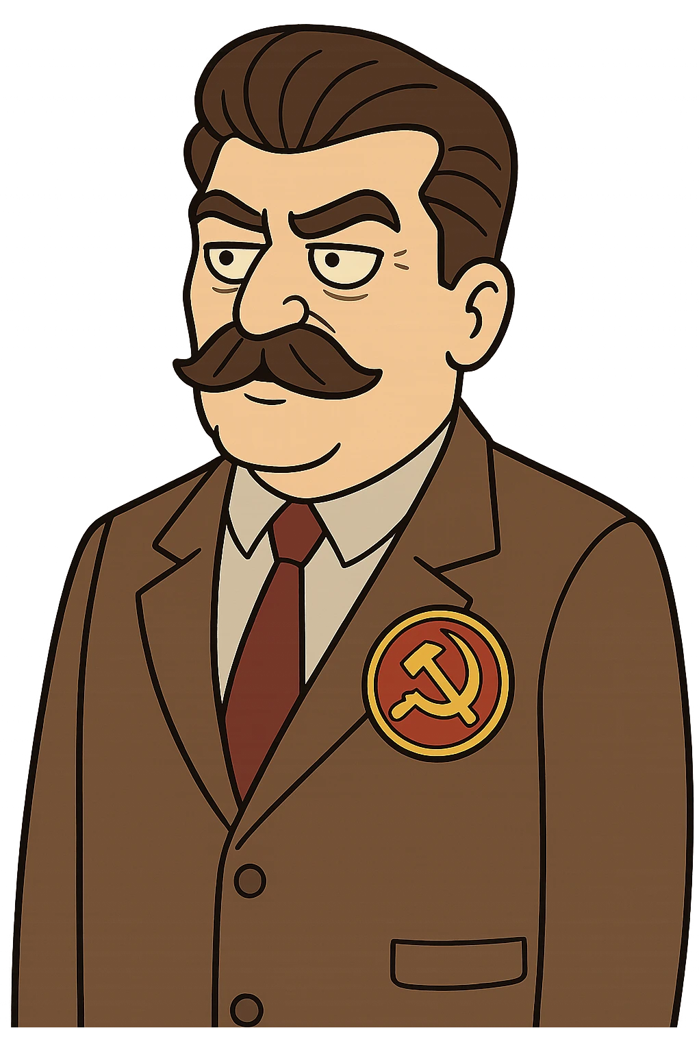 A cartoon image of Joseph Stalin wearing a suite with a large communist party badge emoji