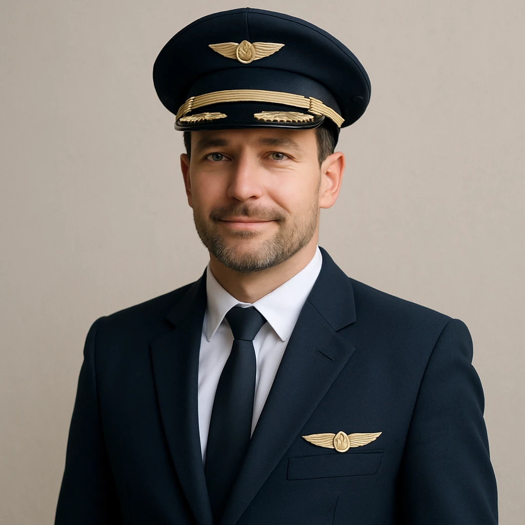 a pilot in modern airline uniform, wearing cap and tie, neutral background emoji