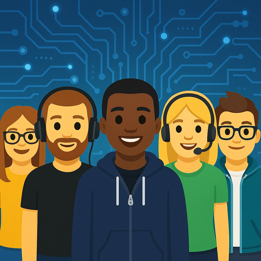 Make the group of five team members look techy by adding subtle tech accessories or backgrounds while keeping the emoji style and group pose. The style should resemble emoji style with simple, colorful, and expressive faces and poses, but with a techy vibe added. emoji