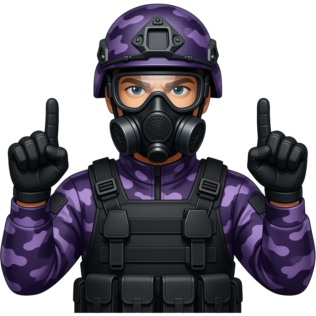 Man with two middle fingers black gogglesin dark purple camoflage tactical gear helmet full face dark purple gasmask emoji