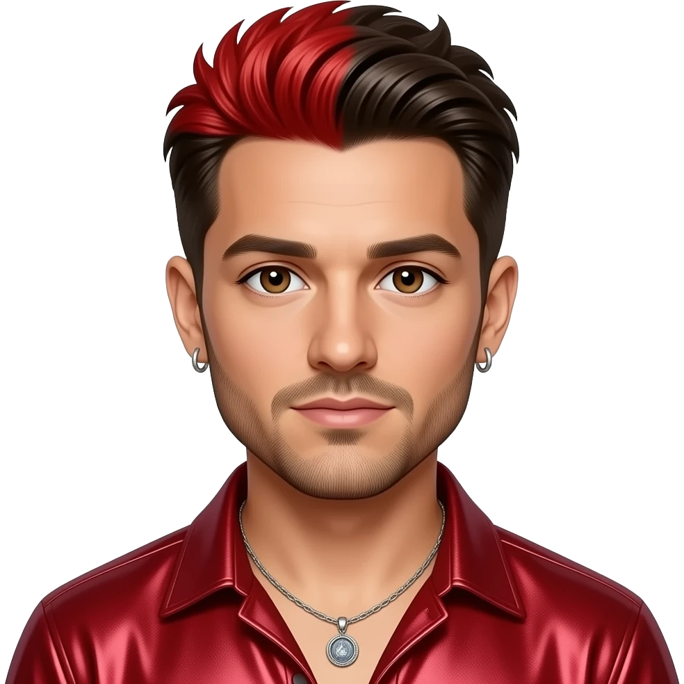 Joey Fatone from NSYNC with brown eyes, dark brown 90s pineapple hair with bright red-dyed and short beard, ruby red metallic shirt, necklace and earrings emoji
