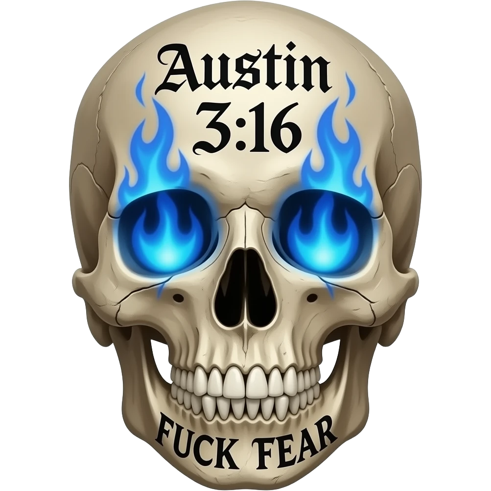 Forward facing human skull, skull pieces missing, FUCK FEAR carved on jaw, same gothic font, slightly open, teeth slightly chipped, Austin 3:16 stacked, carved in forehead, eye & nose cavity with intense blue flames, words in a BLACK GOTHIC FONT, entire skull is aged, sun dried, weathered emoji