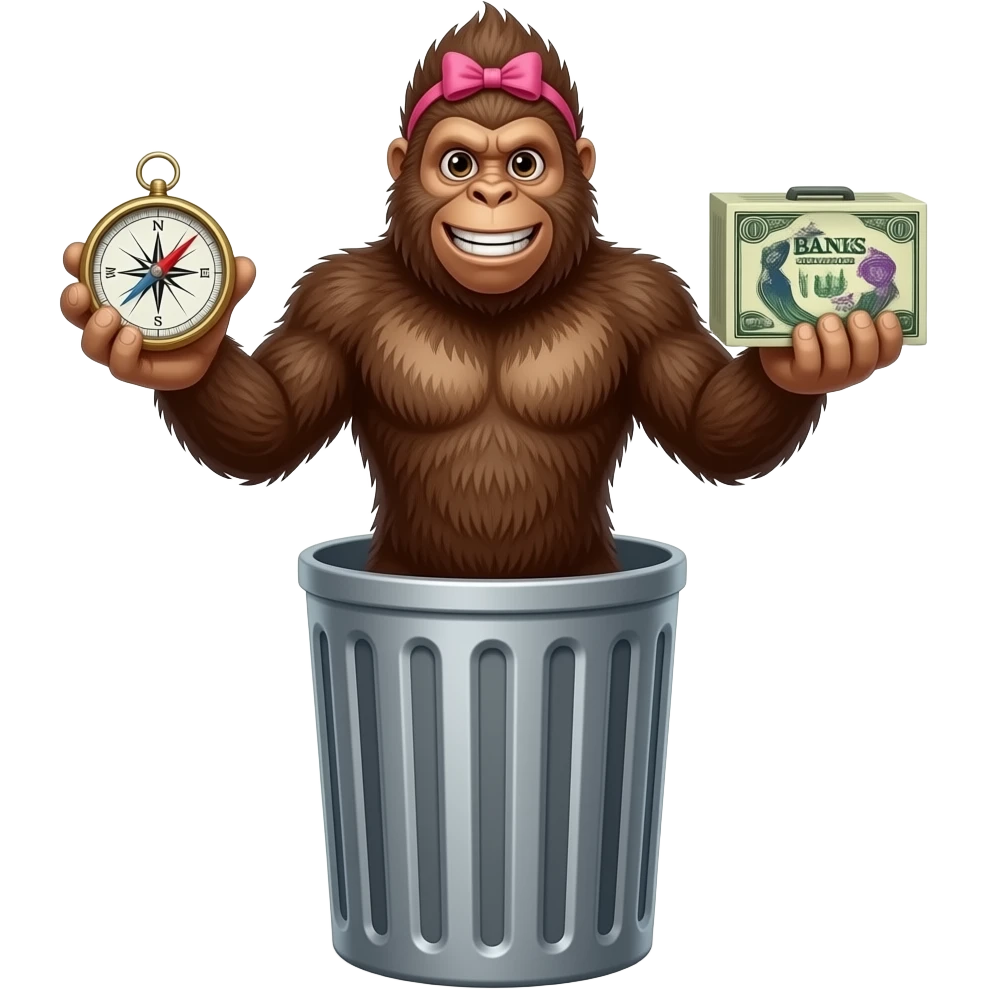 Full body sasquatch with pink bow in hair holding a compass in 1 hand and bank with banksy on it in other hand standing in trashcan emoji