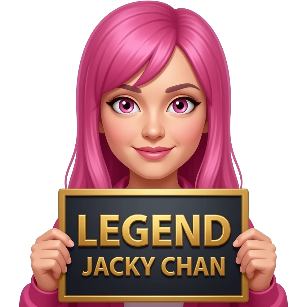sexy girl with long pink hair and pink eyes holding LEGEND JACKY CHAN sign emoji