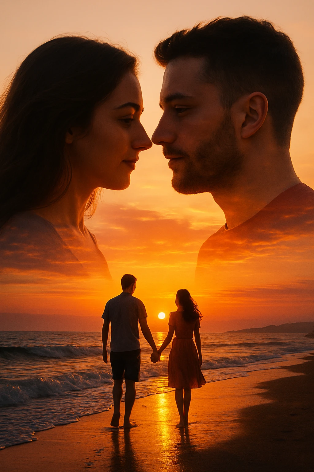 Una doppia esposizione cinematografica di noi di profilo, con un paesaggio di spiaggia al tramonto integrato nella silhouette.
La scena interna ci mostra entrambi camminare sulla sabbia bagnata, tenendoci per mano, con le onde del mare che si infrangono è facile e un cielo colorato dagli ultimi raggi di sole. Atmosfera calda e intima, toni dorati arancioni, dettagli fini ed espressivi, risoluzione 8K. emoji