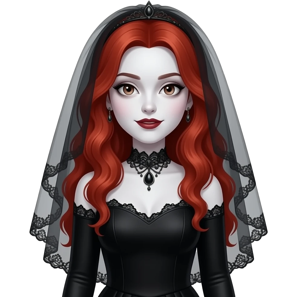 Vampiro femmina adolescente con capelli lunghi rosso fuoco ondulati con pelle bianca che indossa un vestito da sposa lungo con le maniche lunghe e nero e il velo nero con le ginmiciu nereche si sta sposando con il suo ragazzo VAMPIRO con la pelle chiara emoji