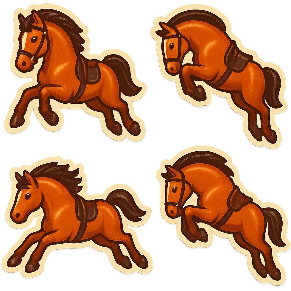 Create a cute emoji style illustration of a Hermès-style horse jumping. The design should be elegant, luxurious, minimal, and suitable for emoji use. Provide more variations of this horse jumping pose. Use a white or transparent background. emoji